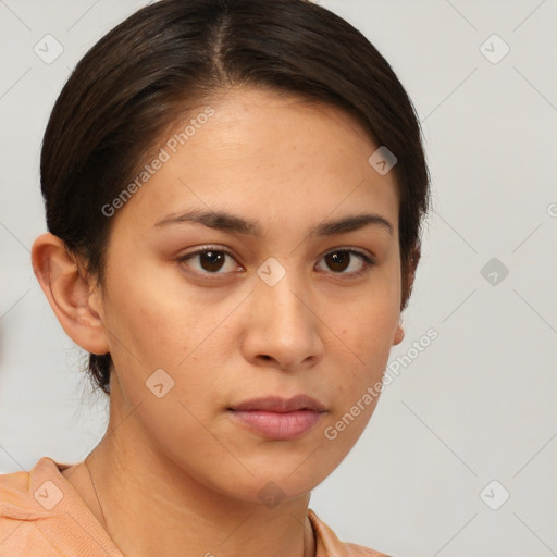 Neutral white young-adult female with medium  brown hair and brown eyes