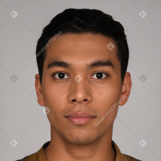 Neutral latino young-adult male with short  black hair and brown eyes