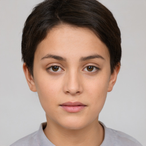 Neutral white young-adult female with short  brown hair and brown eyes