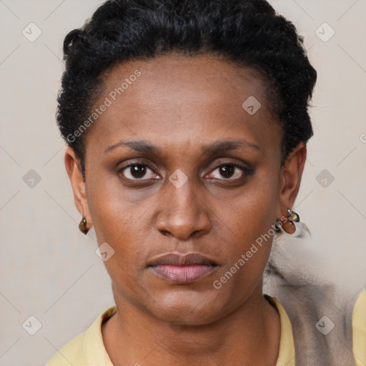 Neutral latino young-adult female with short  black hair and brown eyes