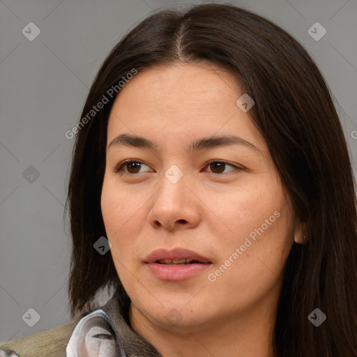 Neutral white young-adult female with medium  brown hair and brown eyes