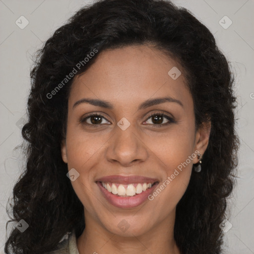 Joyful latino young-adult female with long  brown hair and brown eyes