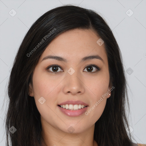 Joyful white young-adult female with long  brown hair and brown eyes