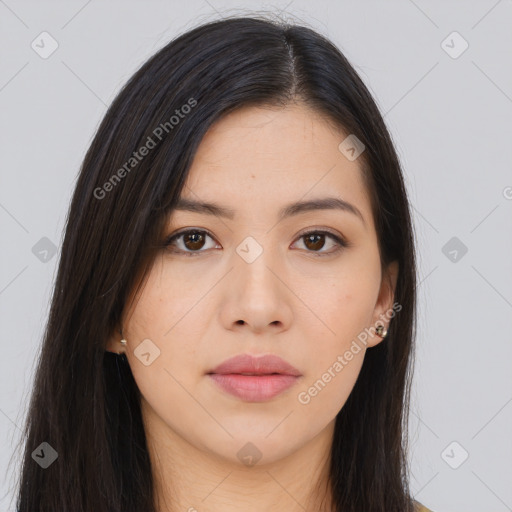 Neutral asian young-adult female with long  brown hair and brown eyes