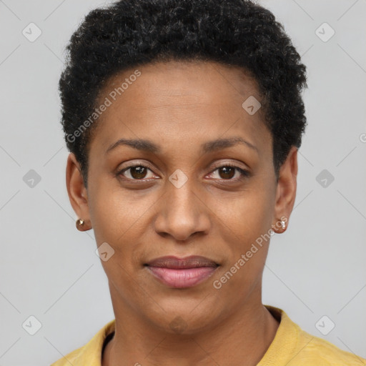 Joyful black young-adult female with short  brown hair and brown eyes