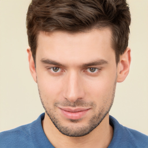 Neutral white young-adult male with short  brown hair and brown eyes