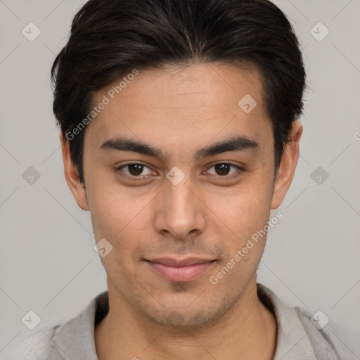 Neutral latino young-adult male with short  brown hair and brown eyes