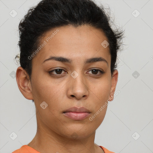 Neutral latino young-adult female with short  brown hair and brown eyes