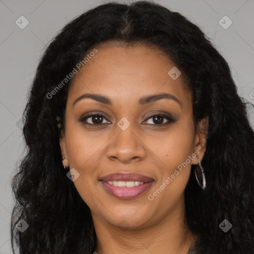 Joyful black young-adult female with long  brown hair and brown eyes