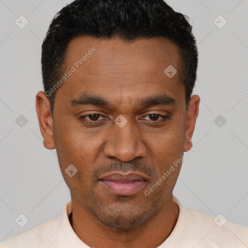 Neutral latino young-adult male with short  brown hair and brown eyes