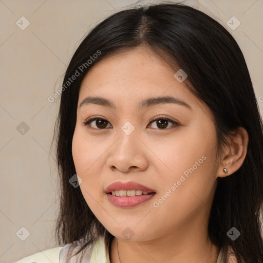 Joyful asian young-adult female with medium  brown hair and brown eyes