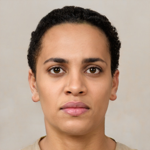 Neutral latino young-adult female with short  brown hair and brown eyes