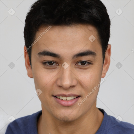 Joyful asian young-adult male with short  black hair and brown eyes