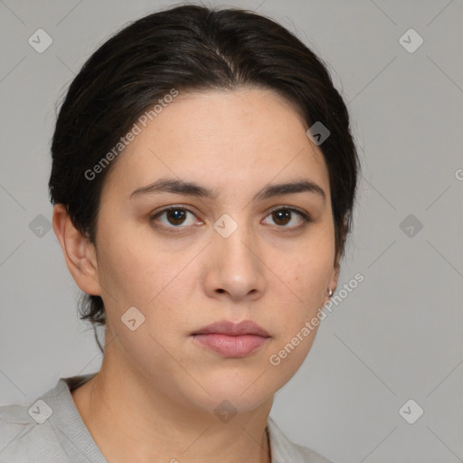 Neutral white young-adult female with medium  brown hair and brown eyes