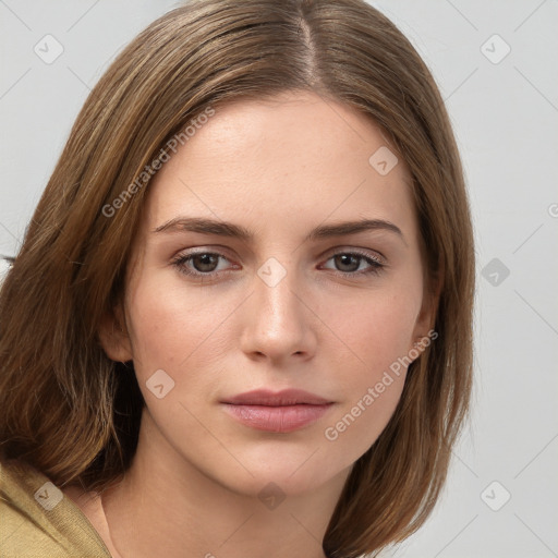 Neutral white young-adult female with long  brown hair and grey eyes