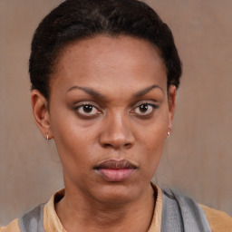 Neutral black young-adult female with short  brown hair and brown eyes