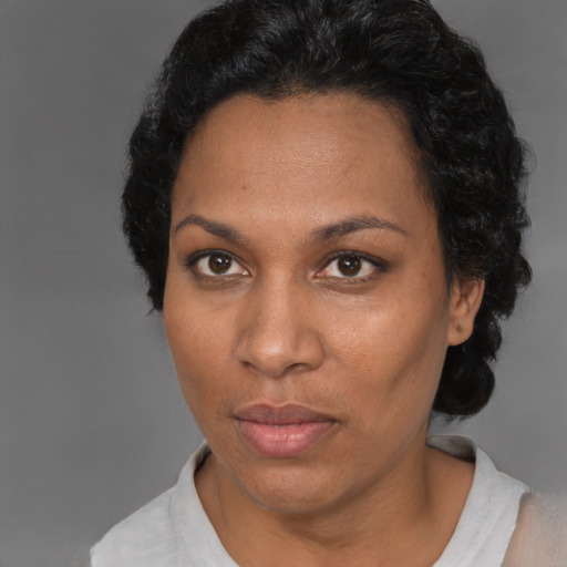 Neutral black adult female with short  black hair and brown eyes