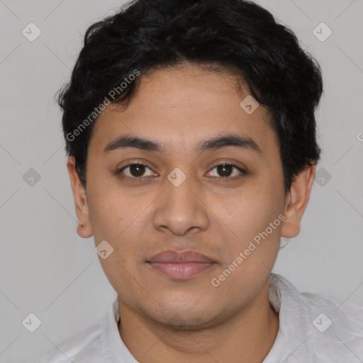Neutral latino young-adult male with short  brown hair and brown eyes