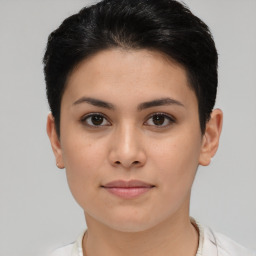 Neutral white young-adult female with short  brown hair and brown eyes