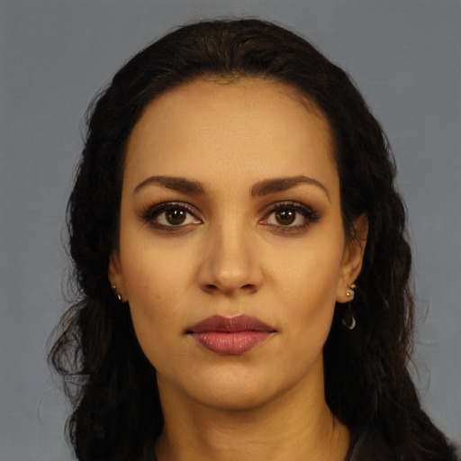 Neutral latino young-adult female with long  black hair and brown eyes