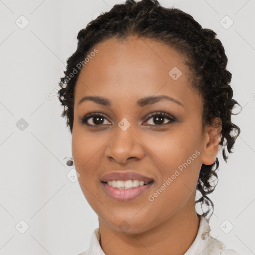 Joyful latino young-adult female with medium  black hair and brown eyes