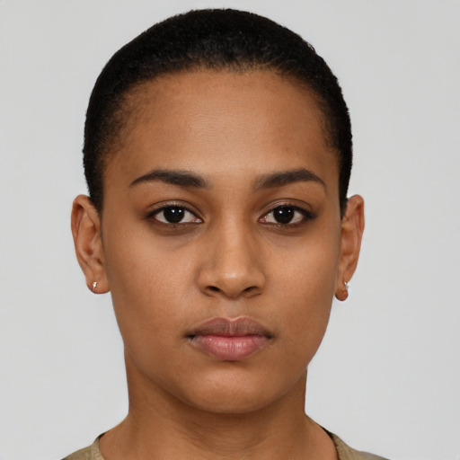 Neutral latino young-adult female with short  brown hair and brown eyes