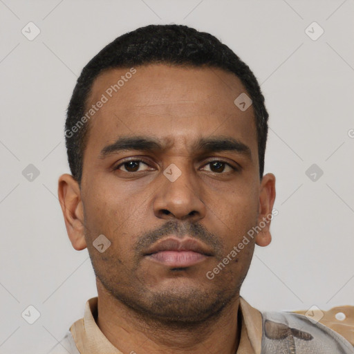 Neutral latino young-adult male with short  black hair and brown eyes