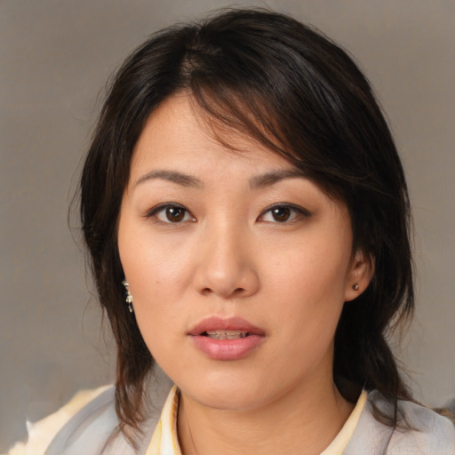 Neutral white young-adult female with medium  brown hair and brown eyes