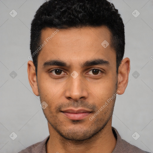 Neutral latino young-adult male with short  black hair and brown eyes