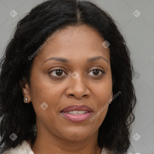 Joyful black young-adult female with medium  brown hair and brown eyes