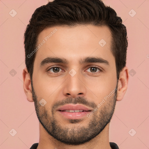 Joyful white young-adult male with short  brown hair and brown eyes