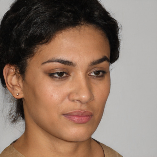 Neutral latino young-adult female with short  brown hair and brown eyes