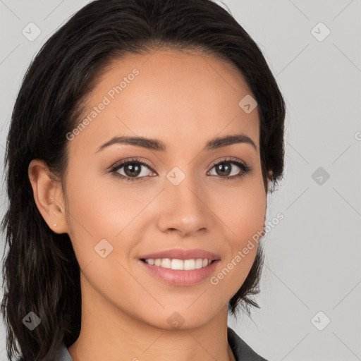 Joyful white young-adult female with long  brown hair and brown eyes