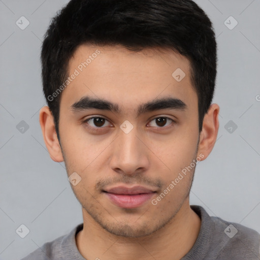 Neutral latino young-adult male with short  brown hair and brown eyes