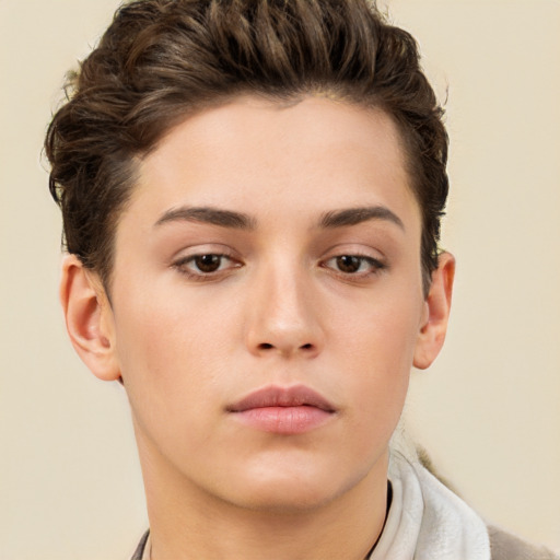 Neutral white young-adult female with short  brown hair and brown eyes