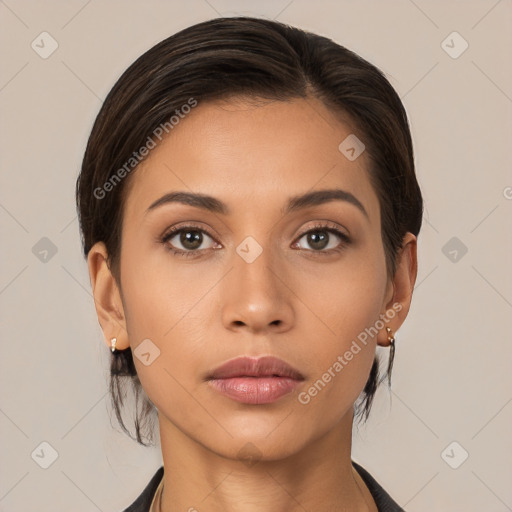 Neutral white young-adult female with medium  brown hair and brown eyes