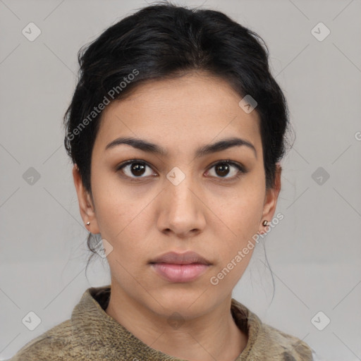 Neutral latino young-adult female with short  brown hair and brown eyes