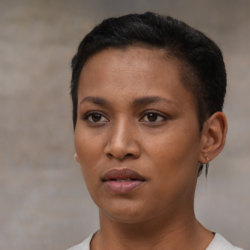 Neutral black young-adult female with short  black hair and brown eyes