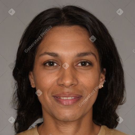 Joyful white adult female with medium  brown hair and brown eyes