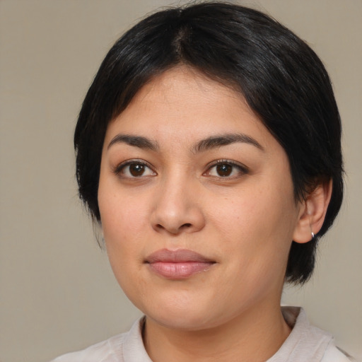 Neutral asian young-adult female with medium  black hair and brown eyes