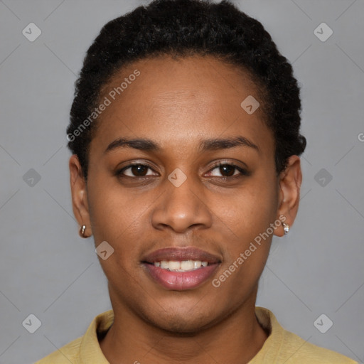 Joyful latino young-adult female with short  black hair and brown eyes