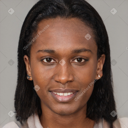 Joyful black young-adult female with medium  brown hair and brown eyes