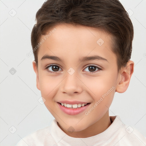 Joyful white child female with short  brown hair and brown eyes