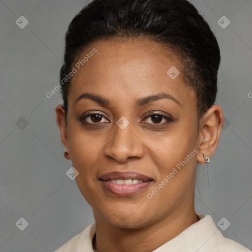 Joyful black young-adult female with short  brown hair and brown eyes