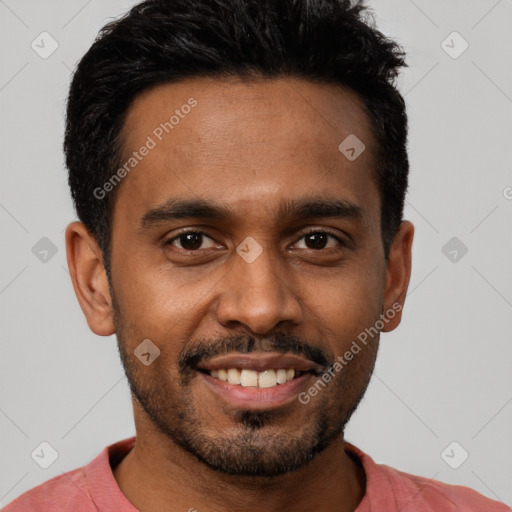 Joyful black young-adult male with short  black hair and brown eyes