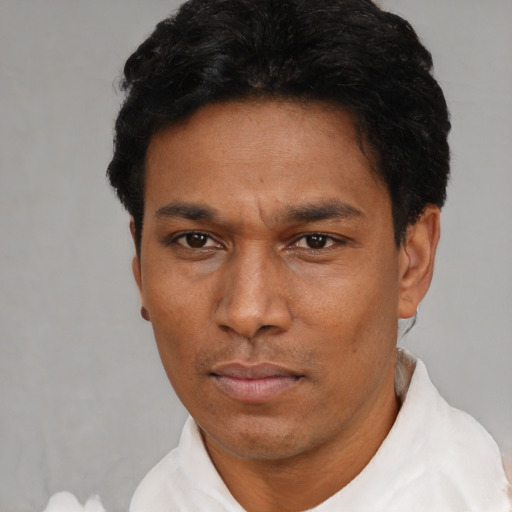 Neutral black adult male with short  black hair and brown eyes