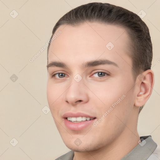 Joyful white young-adult male with short  brown hair and brown eyes