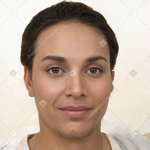 Joyful white young-adult female with short  brown hair and brown eyes