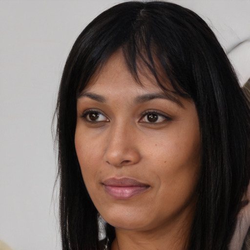 Neutral asian young-adult female with long  black hair and brown eyes
