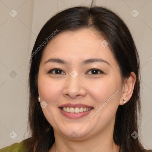 Joyful white young-adult female with long  brown hair and brown eyes